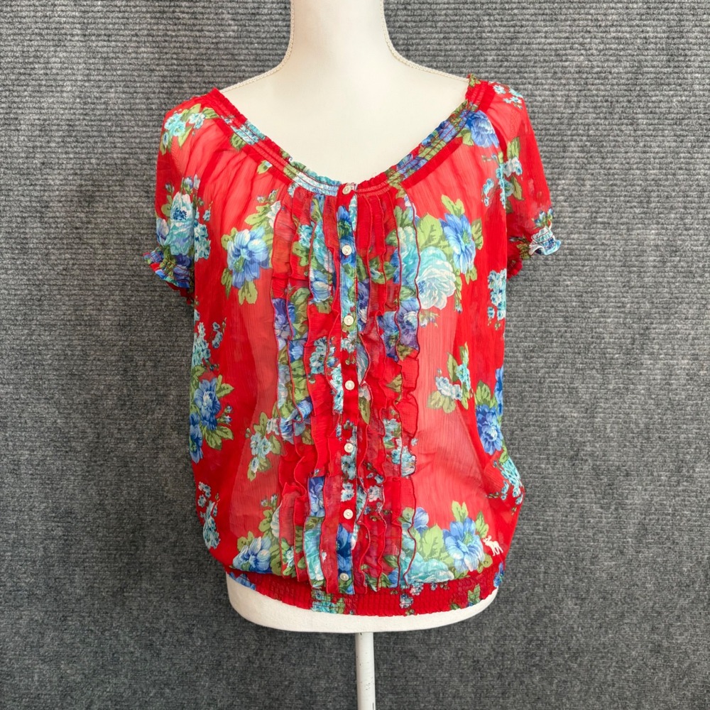 Abercrombie & Fitch Floral Ruffle Blouse Womens L Red Sheer Y2K Boho - Picture 1 of 6